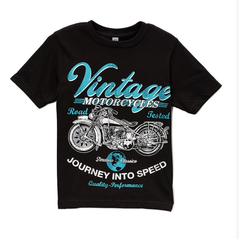 Micro Me-Black "Vintage Motorcycles" w/ Blue & White Print t-shirt- Boys 16 NWT